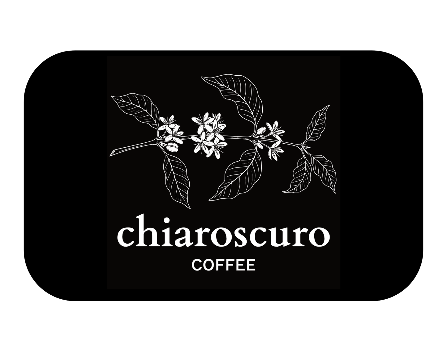 Chiaroscuro coffee bag featuring botanical design on a black background.